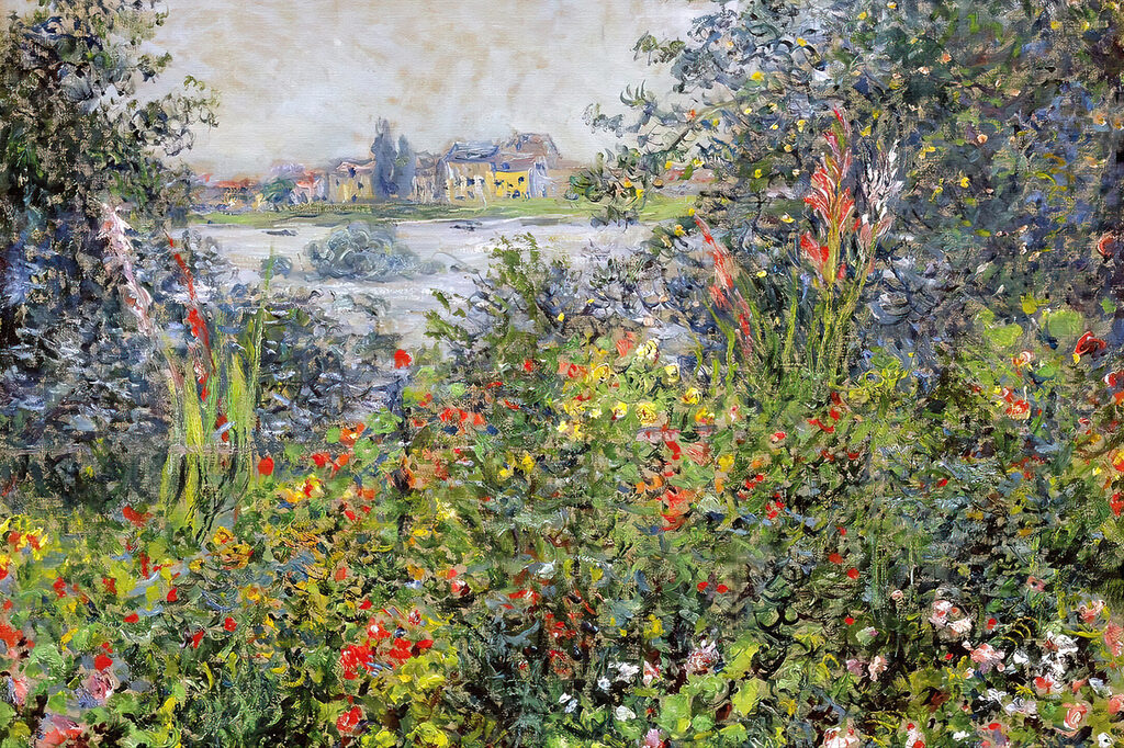 A painting of a garden with flowers and trees A painting of a garden with flowers and trees