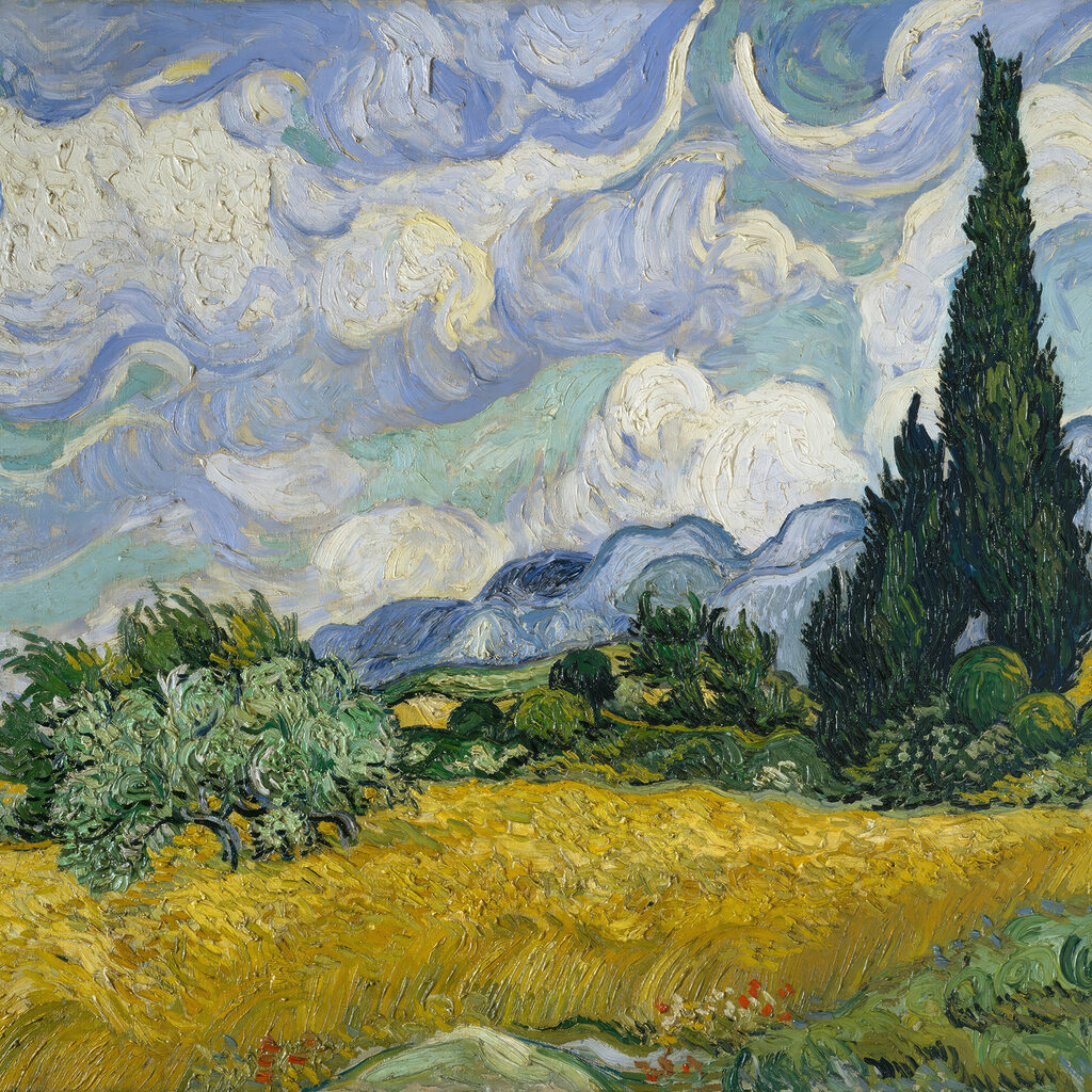 A painting of a landscape with trees and mountains