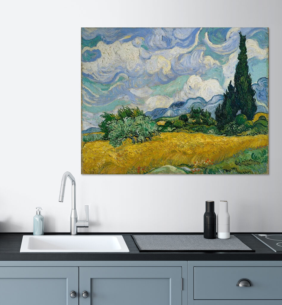 A painting of a landscape with trees and mountains