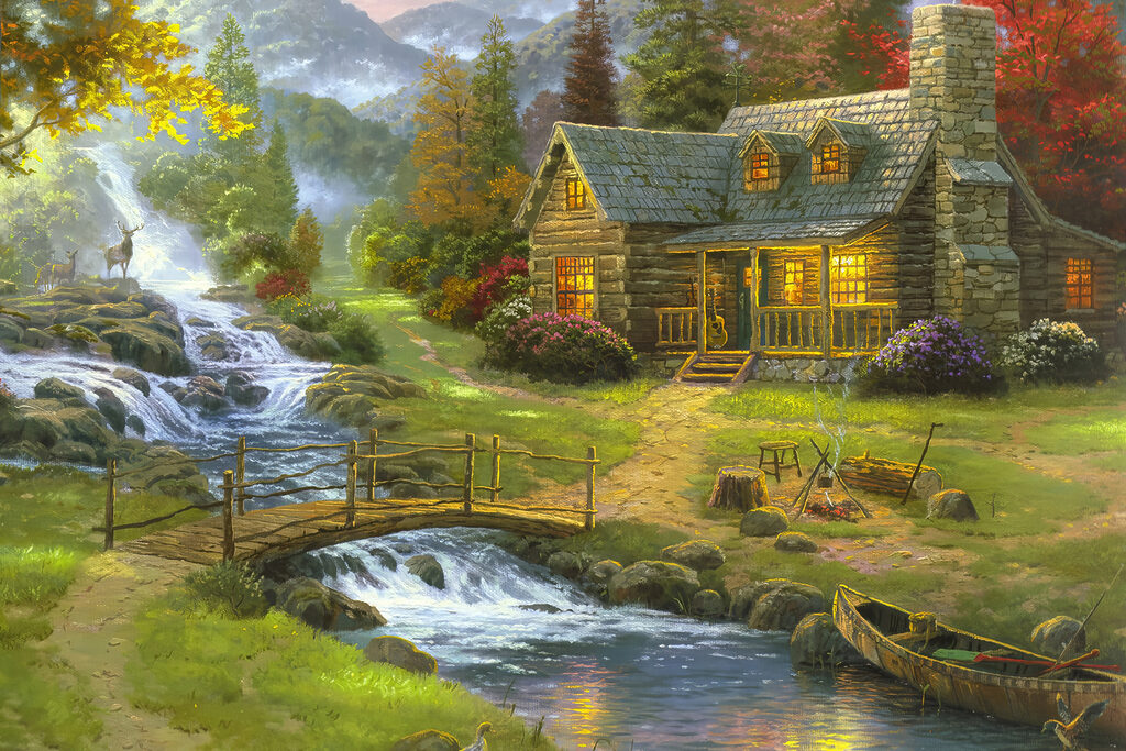A painting of a log cabin with a bridge over a river