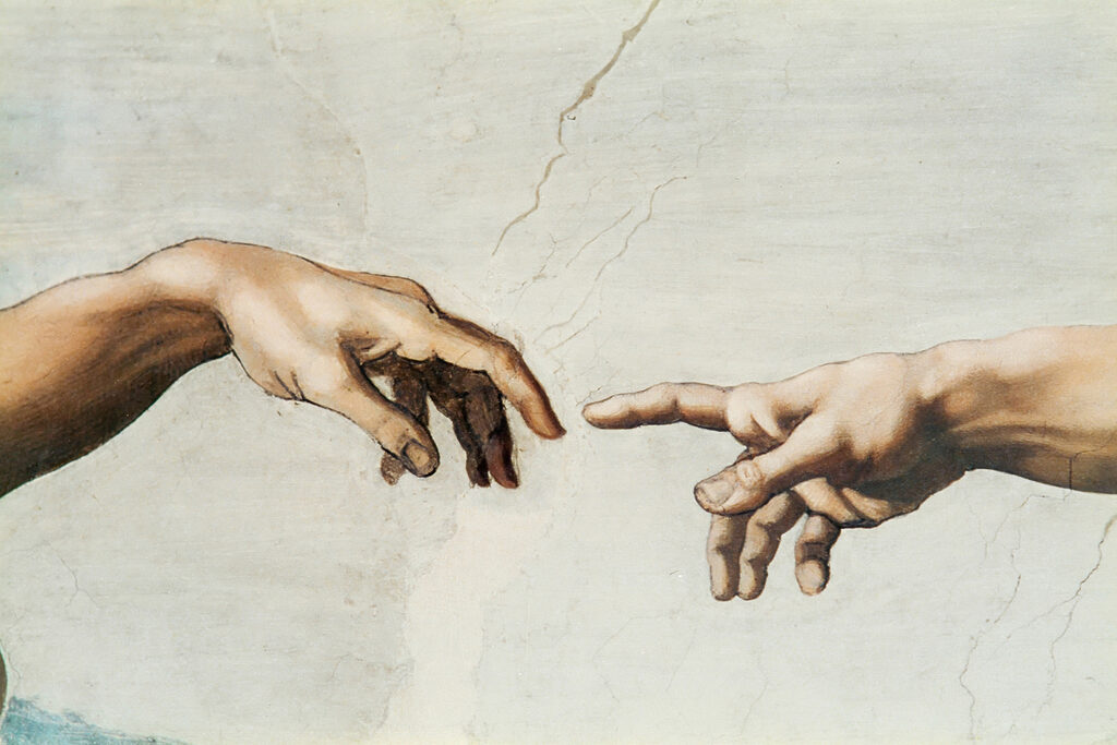 A painting of hands touching each other