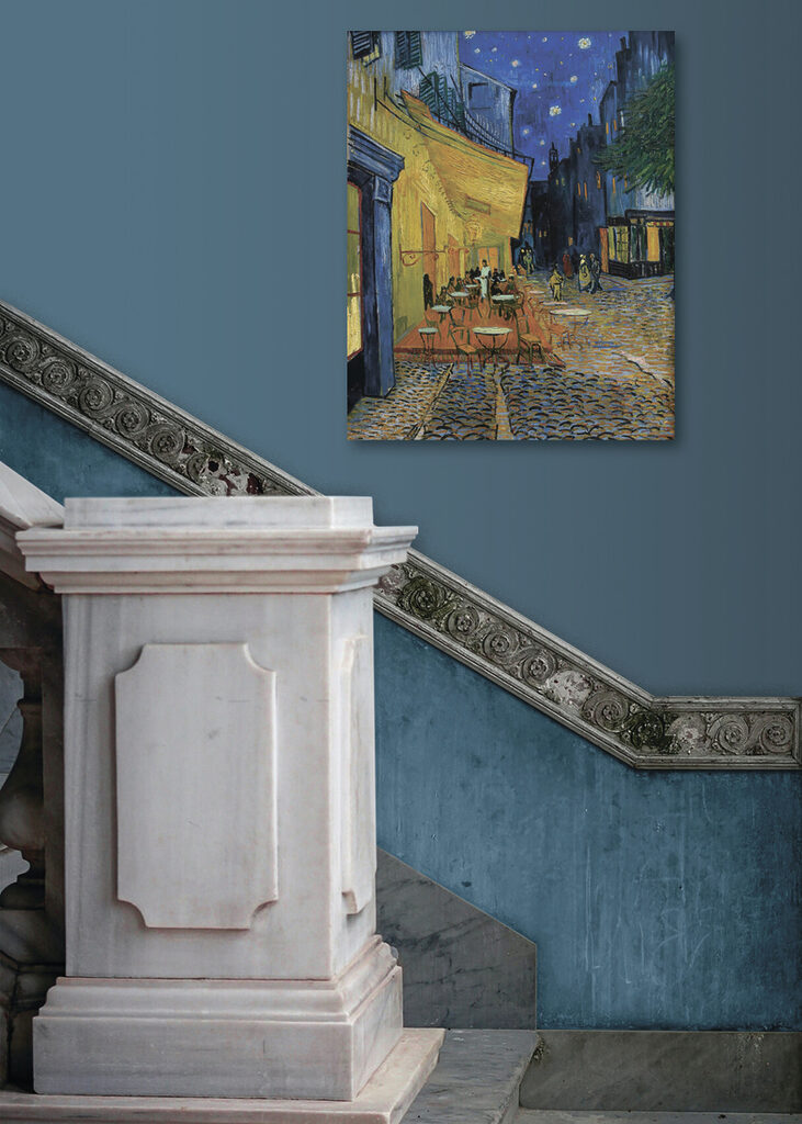 A painting of a street with tables and chairs