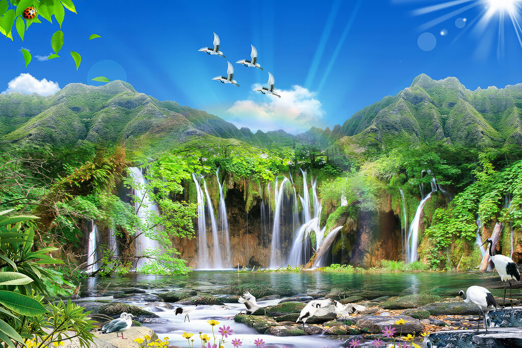 A waterfall with birds flying over it A waterfall with birds flying over it