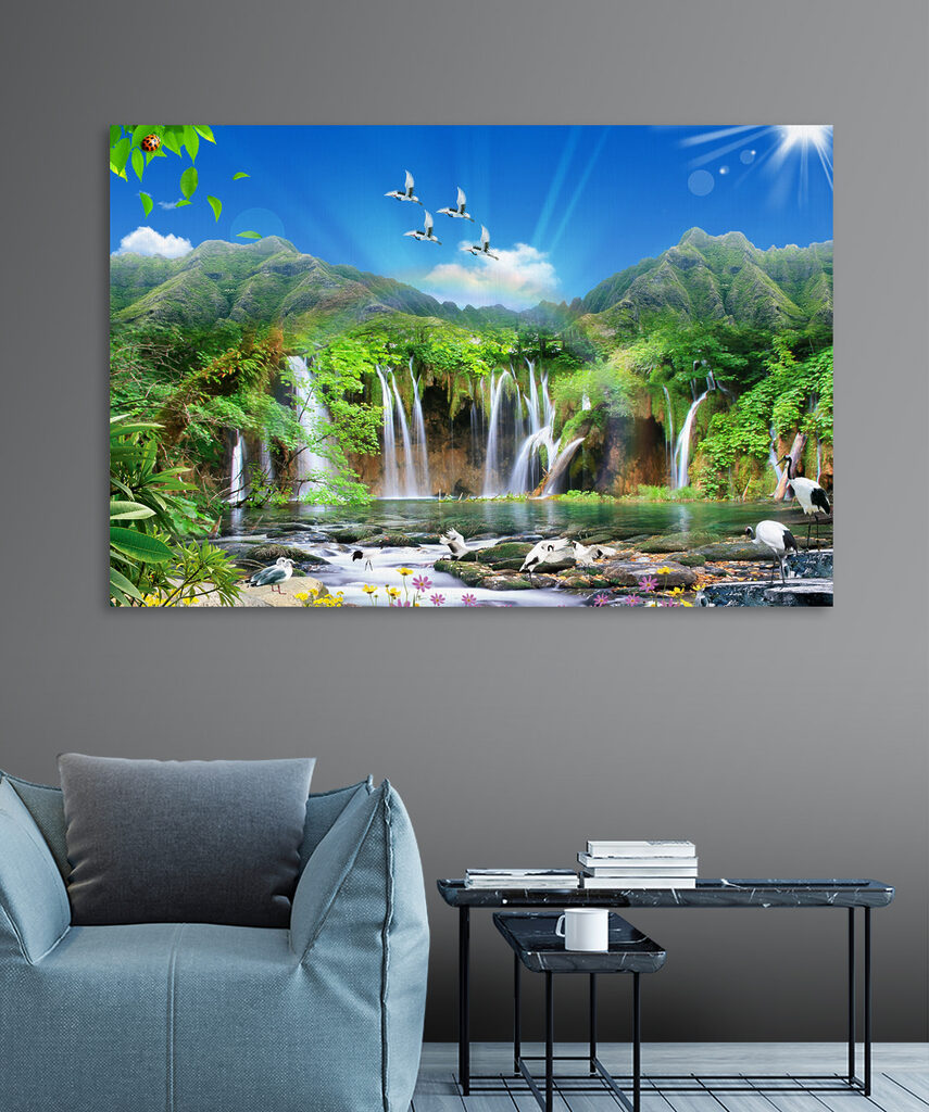 A waterfall with birds flying over it A waterfall with birds flying over it