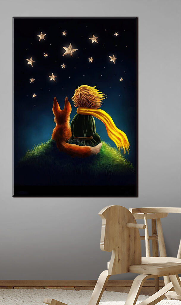 A fox and a little prince looking at stars