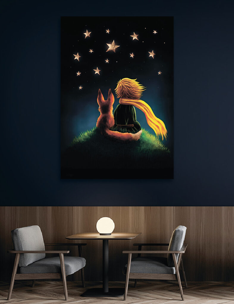 A fox and a little prince looking at stars