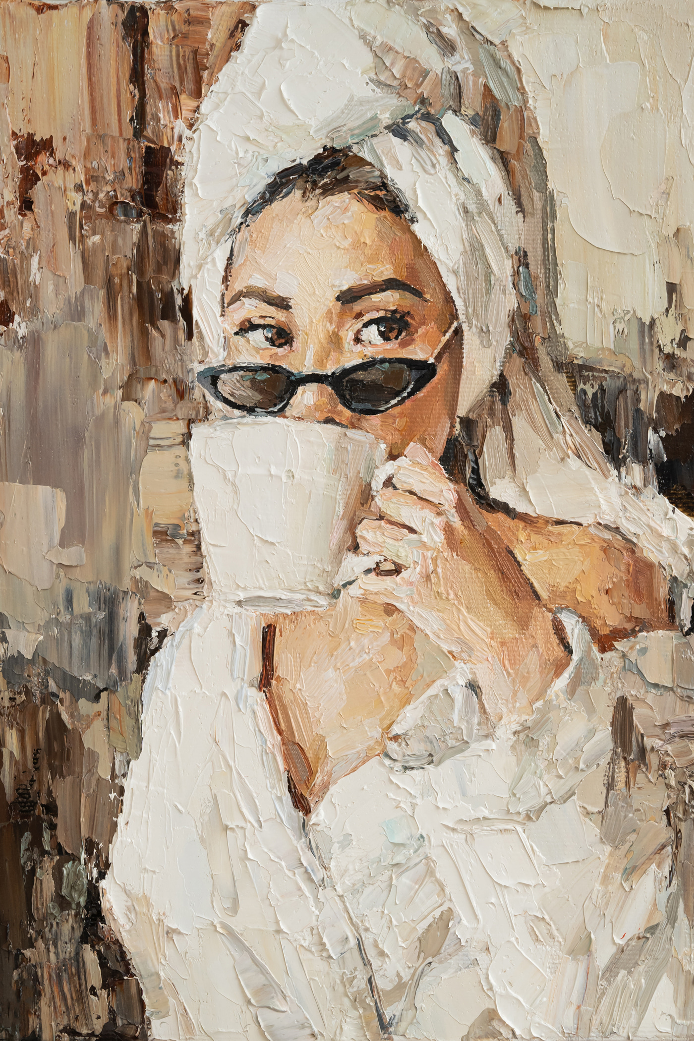 A painting of a woman holding a cup