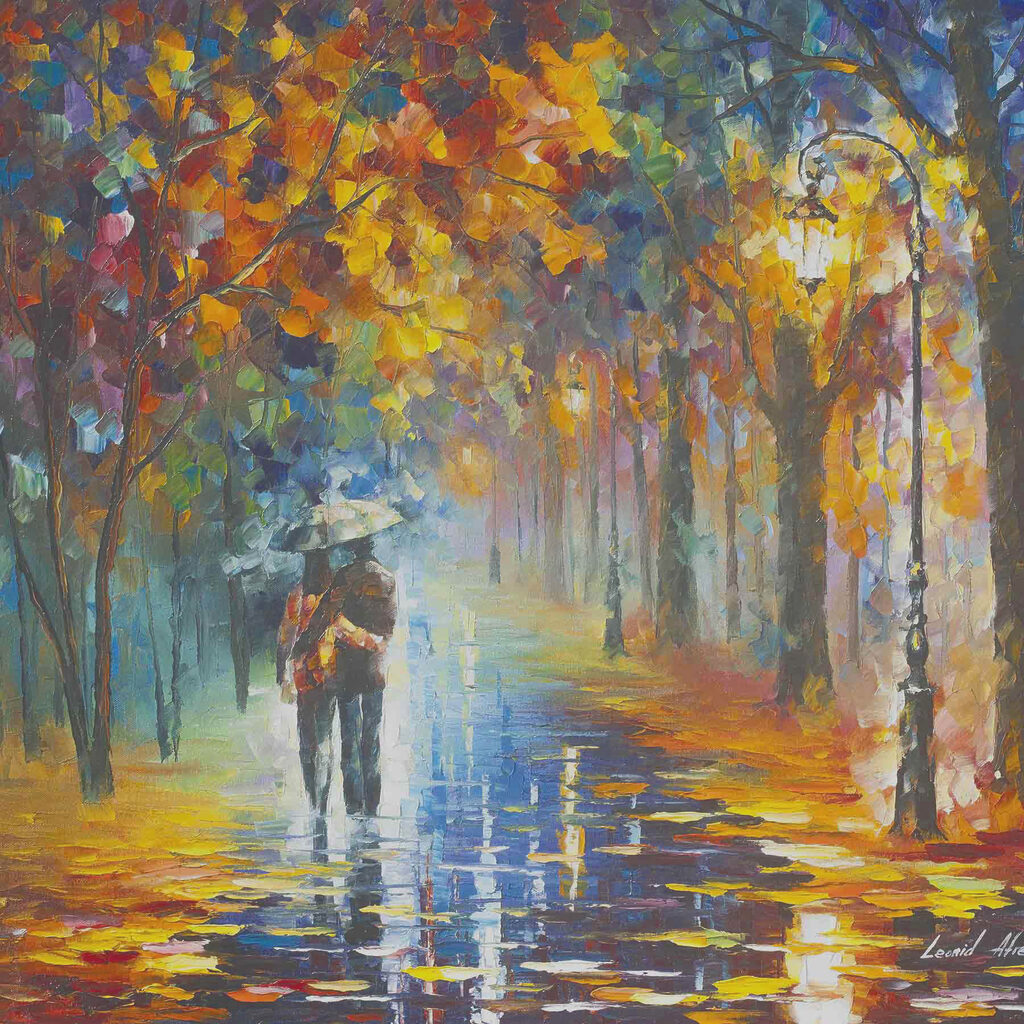 A painting of a couple walking in a park with trees and a lamp post A painting of a couple walking in a park with trees and a lamp post