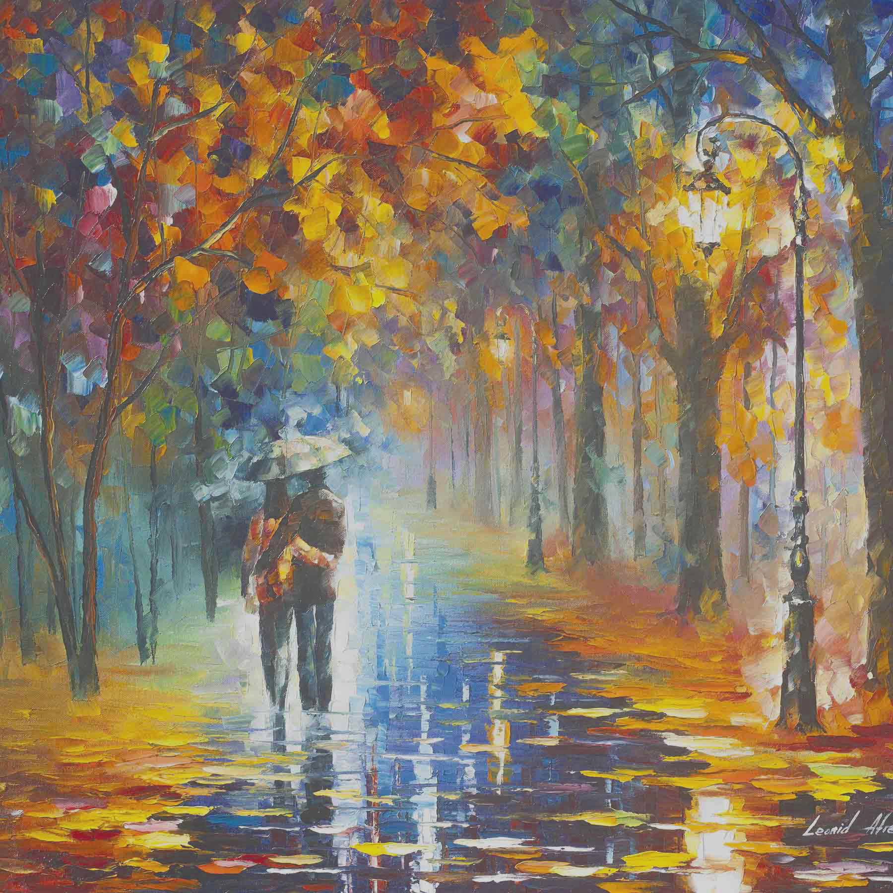 A painting of a couple walking in a park with trees and a lamp post