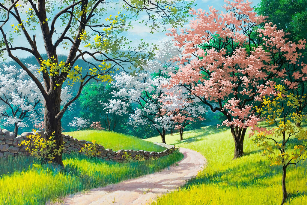 Blossoming trees along a winding path