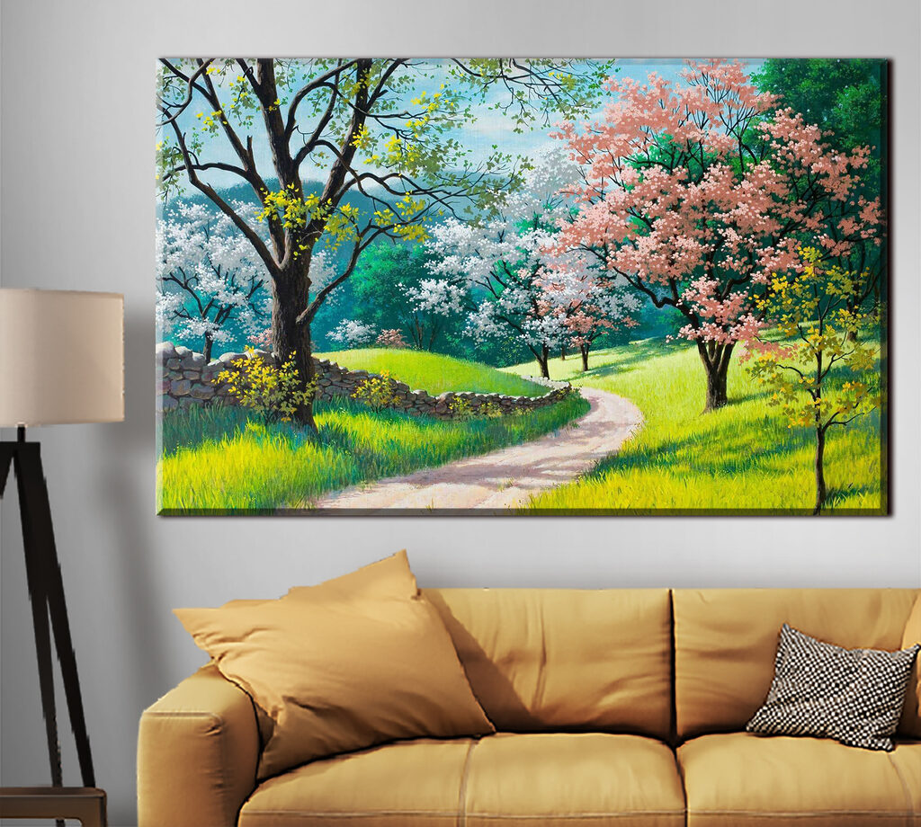 Blossoming trees along a winding path