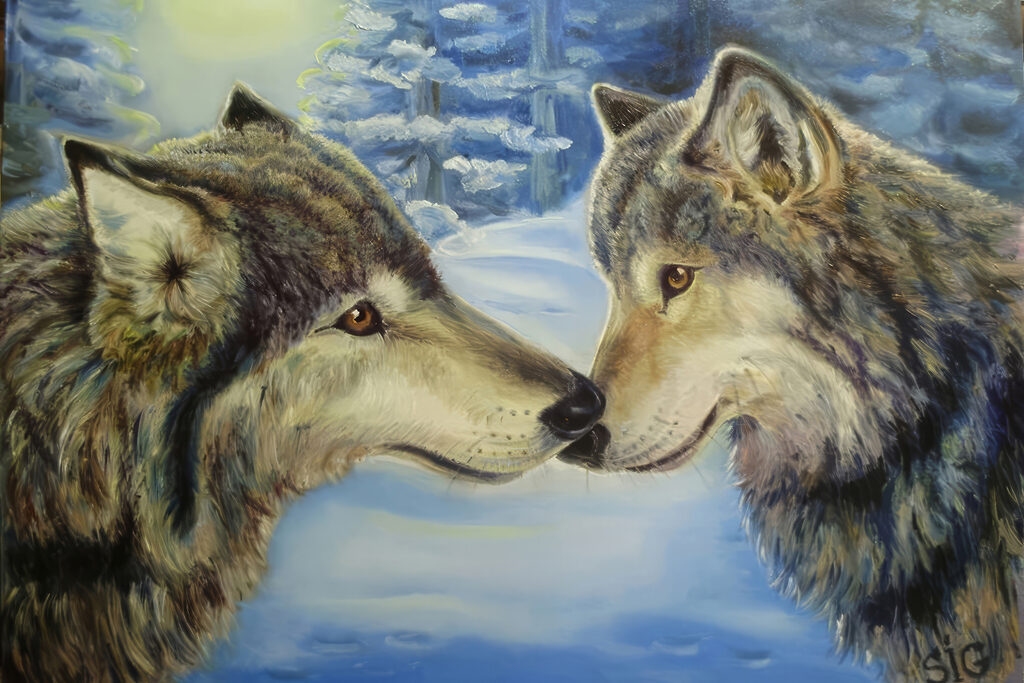 A painting of two wolves kissing