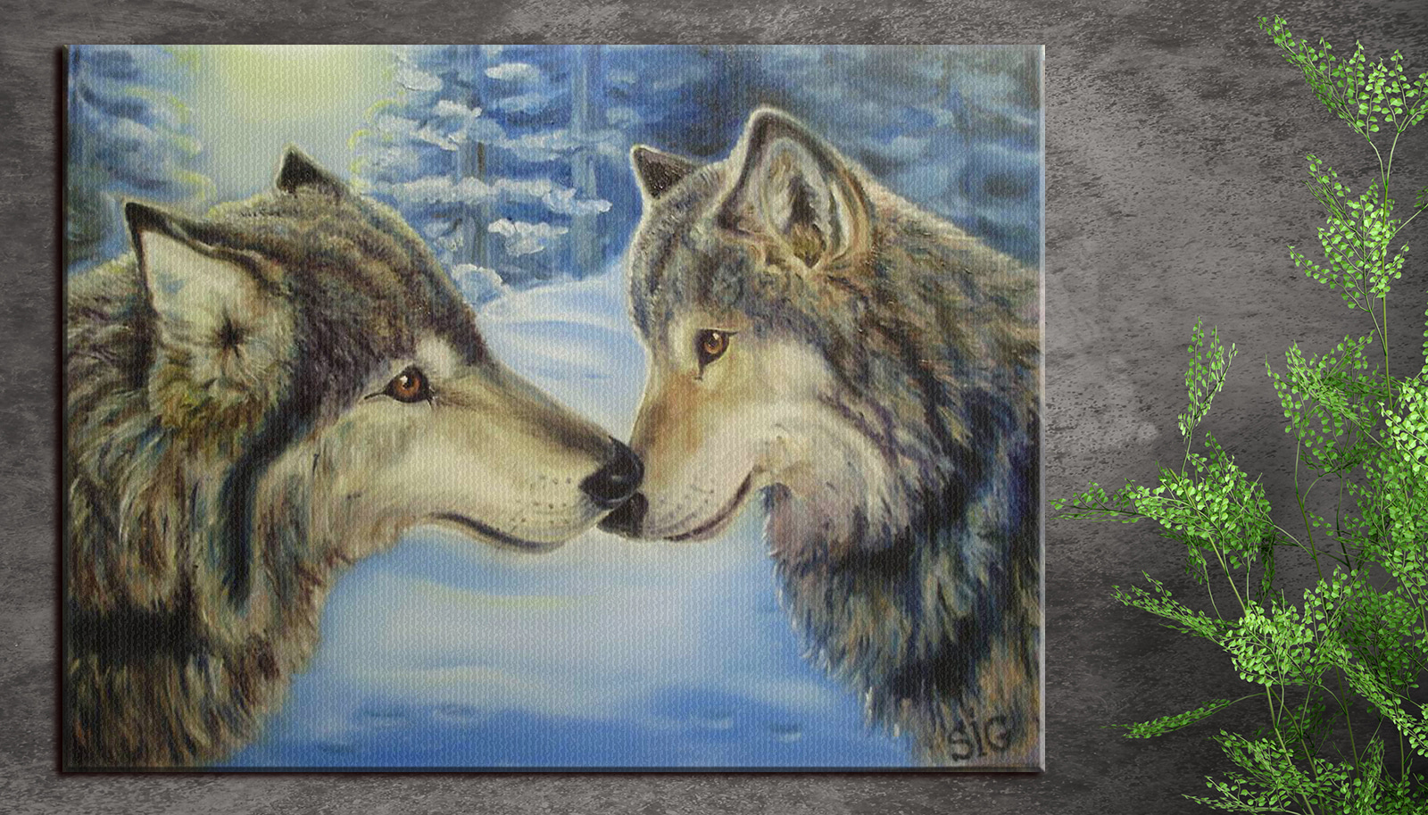 A painting of two wolves kissing