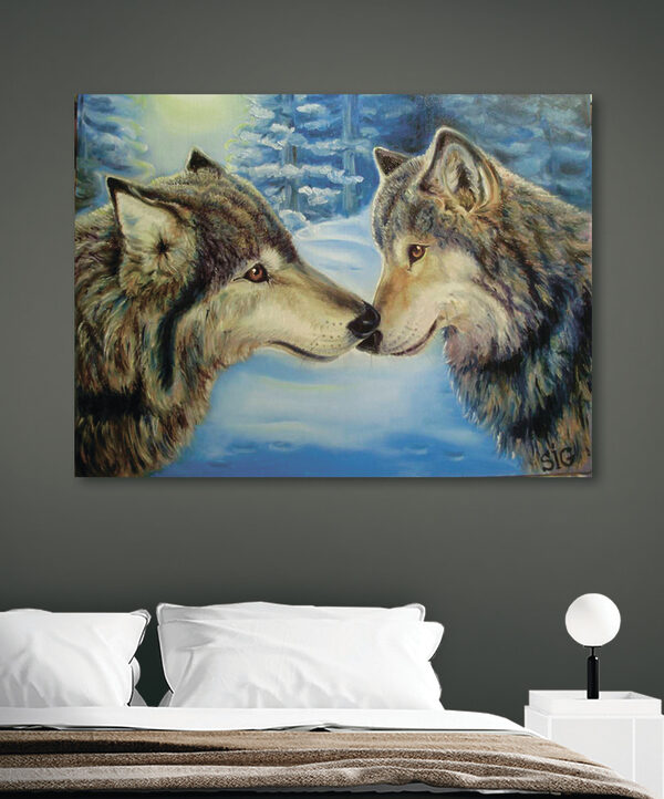 A painting of two wolves kissing