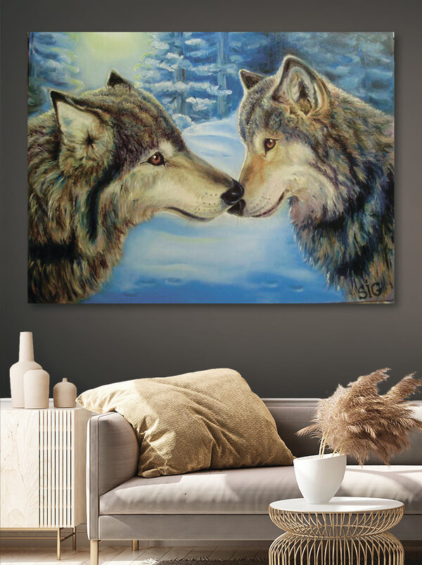 A painting of two wolves kissing