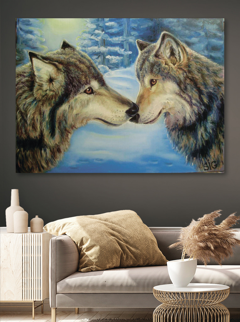 A painting of two wolves kissing
