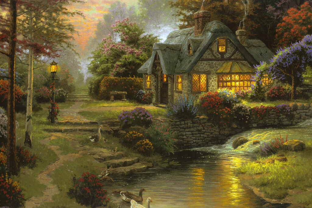 A painting of a cottage by a river