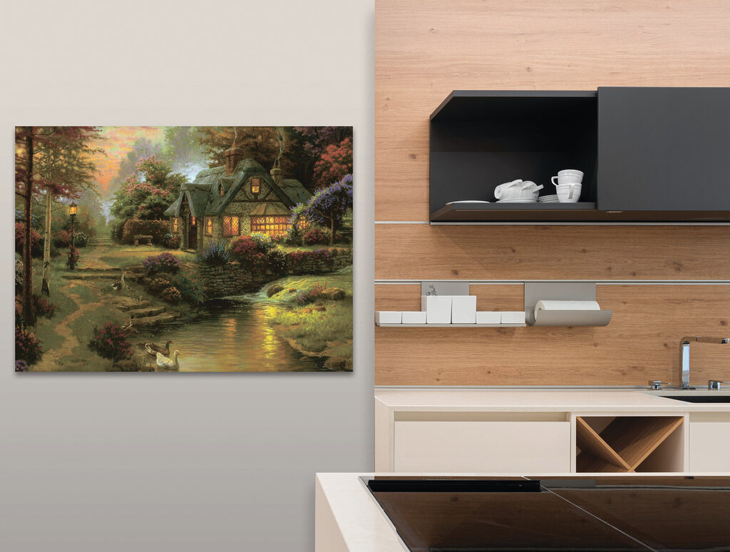 A painting of a cottage by a river