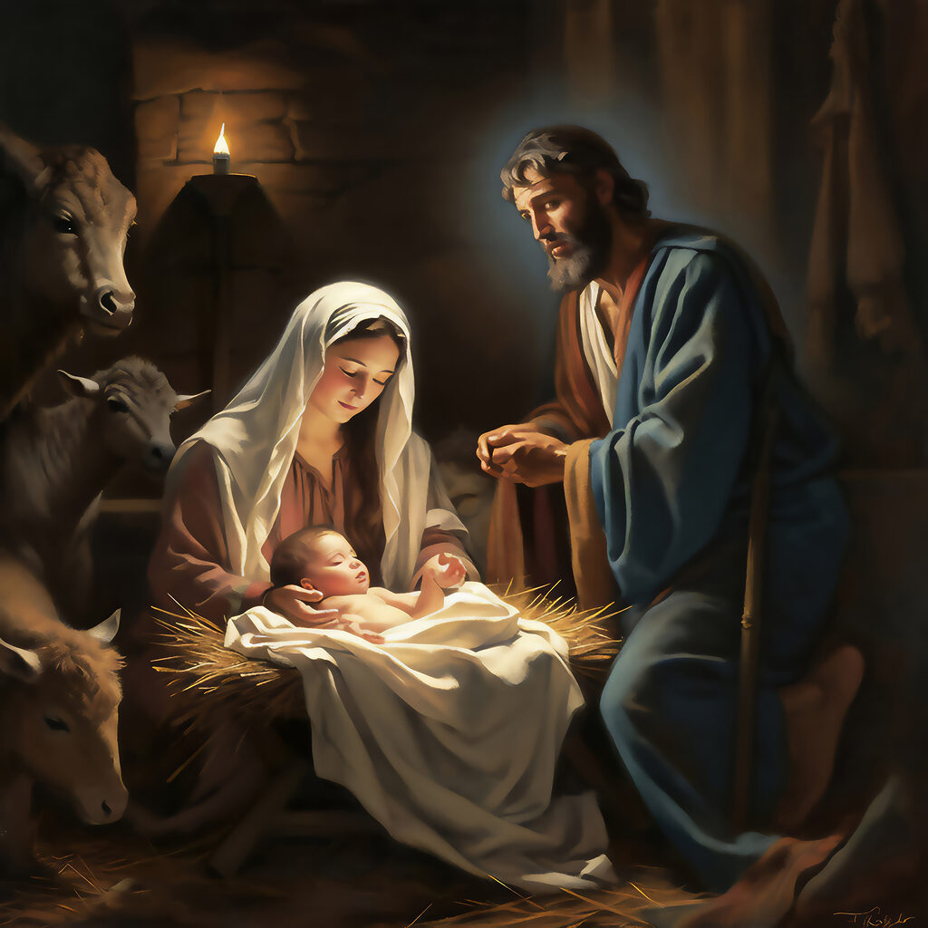A painting of a man and woman in a manger with animals around A painting of a man and woman in a manger with animals around