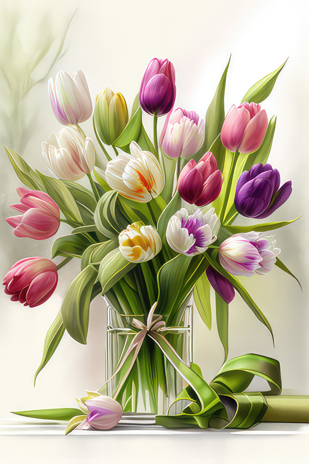 A bouquet of tulips in a glass vase