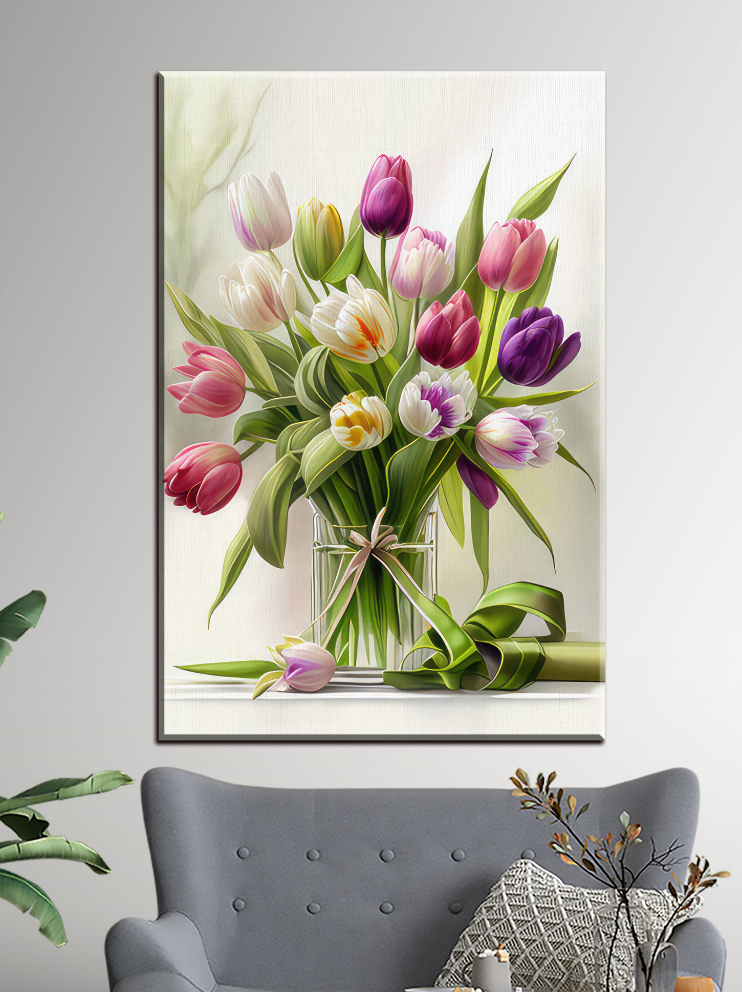 A bouquet of tulips in a glass vase