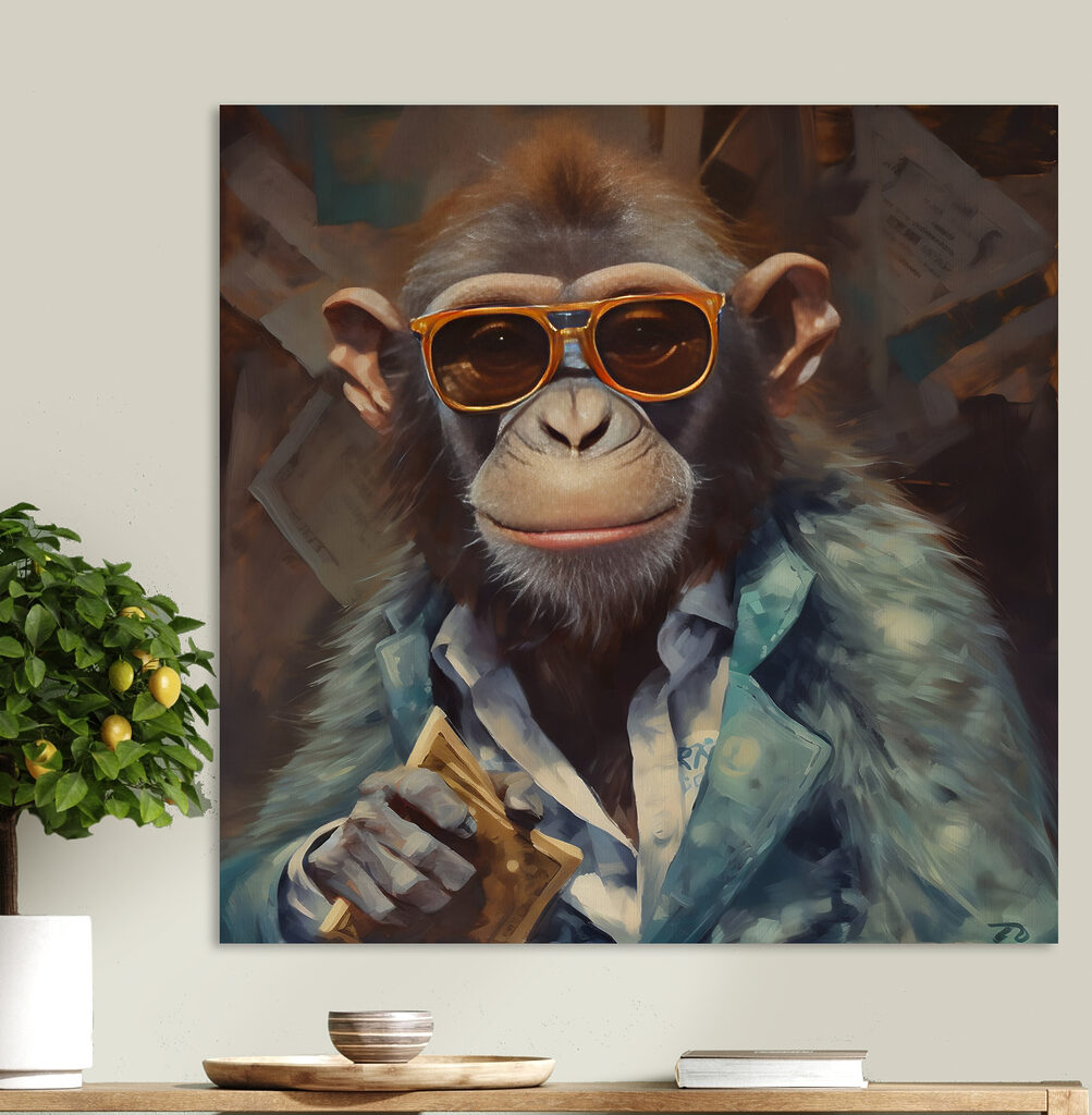 A monkey wearing sunglasses and a suit