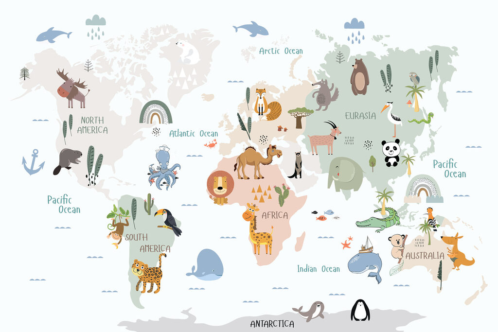 A map of the world with animals A map of the world with animals