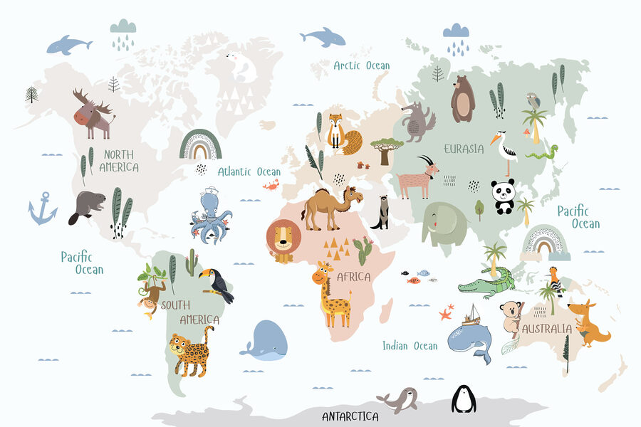 Mapa světa se zvířaty
