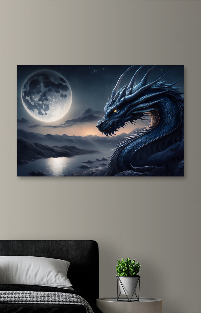 Modrý drak s měsícem v pozadí