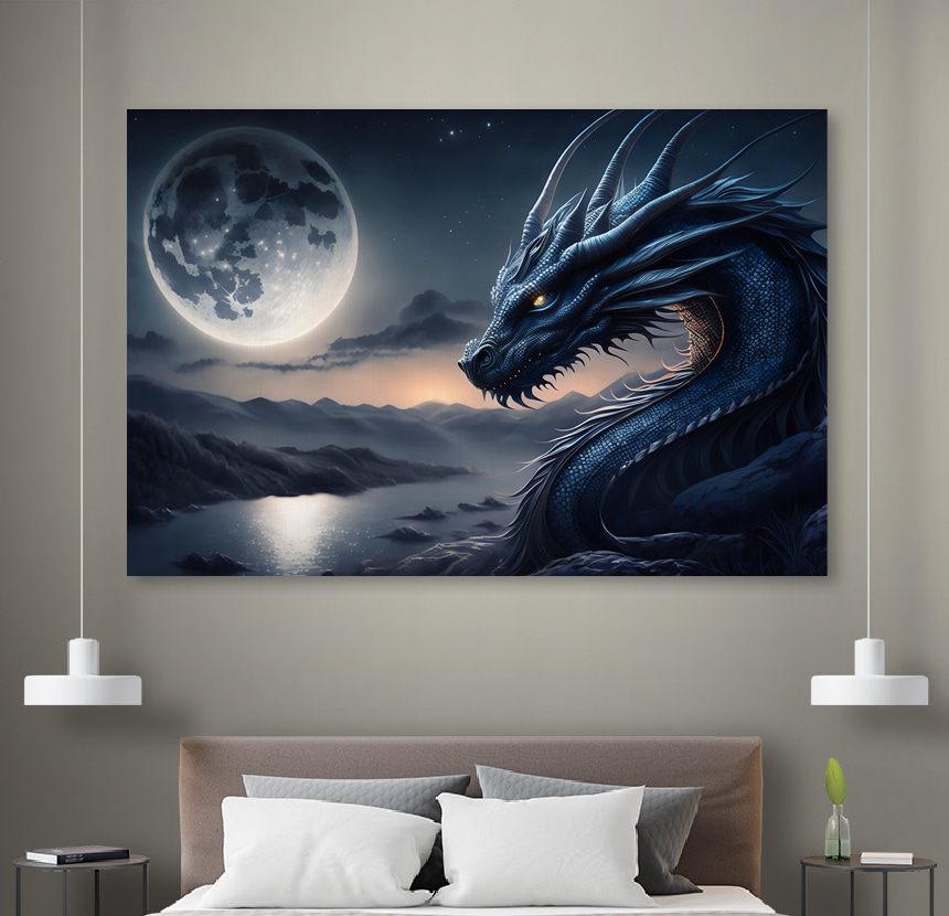 Modrý drak s měsícem v pozadí