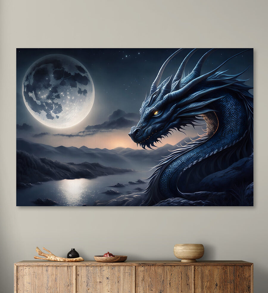 Modrý drak s měsícem v pozadí