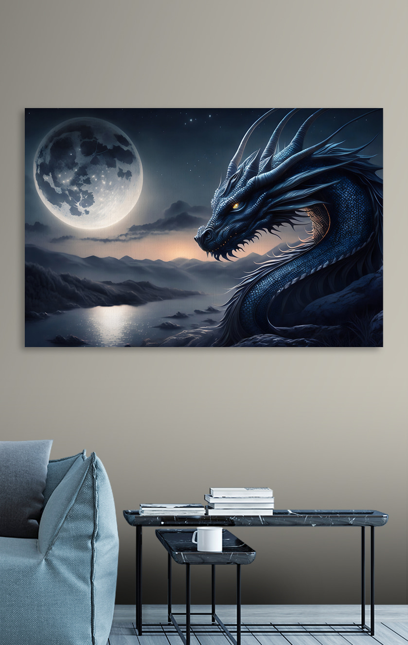 Modrý drak s měsícem v pozadí
