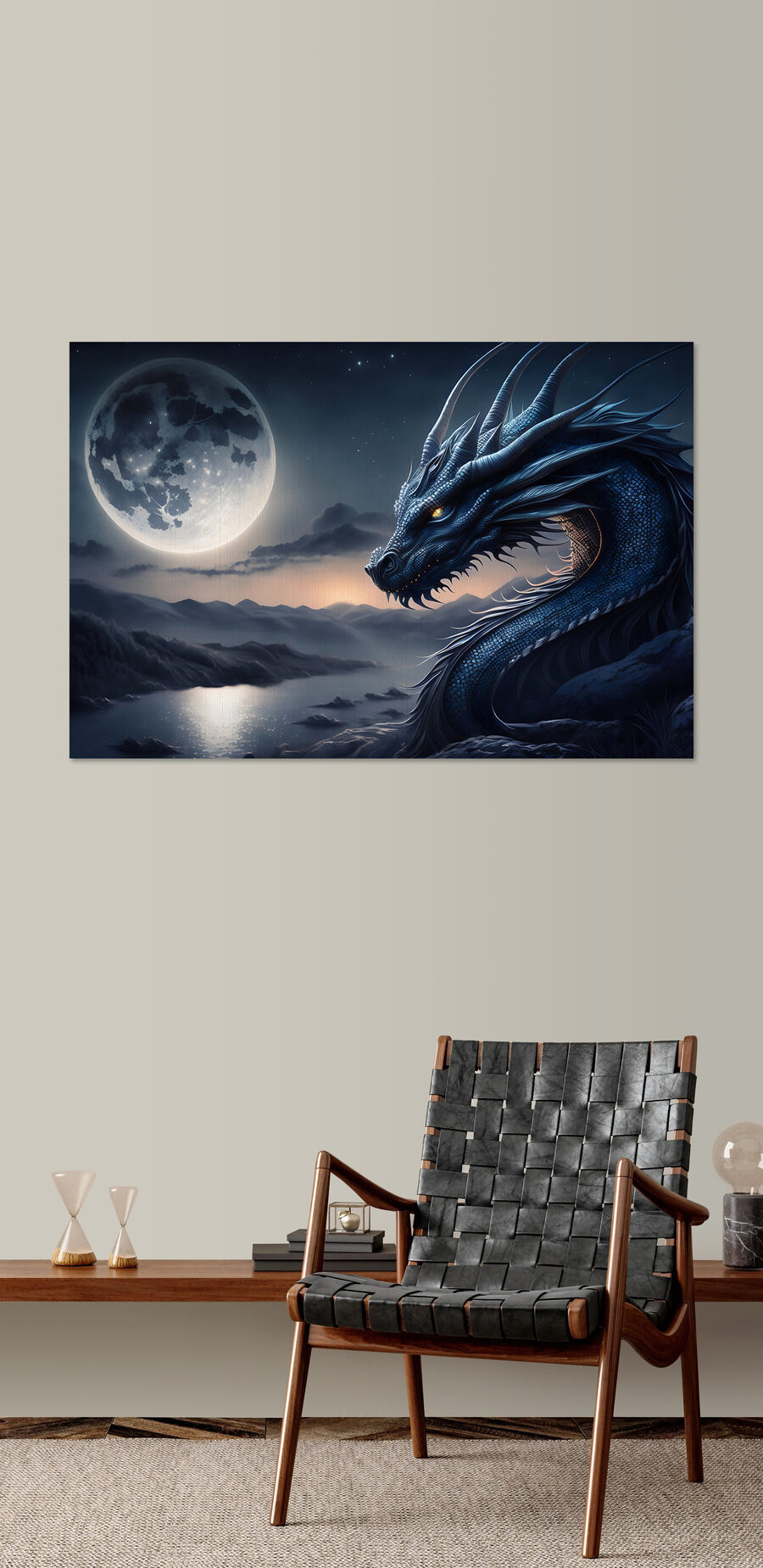 Modrý drak s měsícem v pozadí