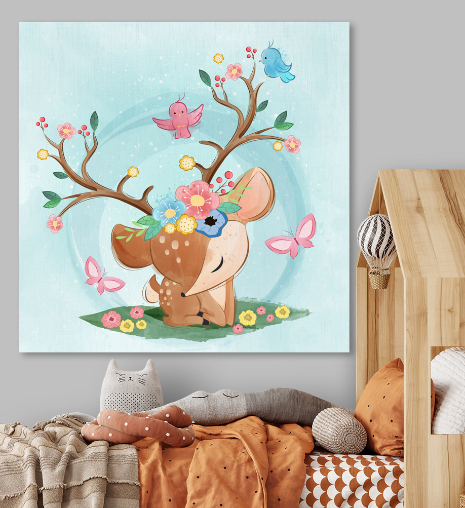 A cartoon deer with flowers and birds
