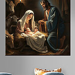 Obraz Obraz muže a ženy v jeslích se zvířaty kolem