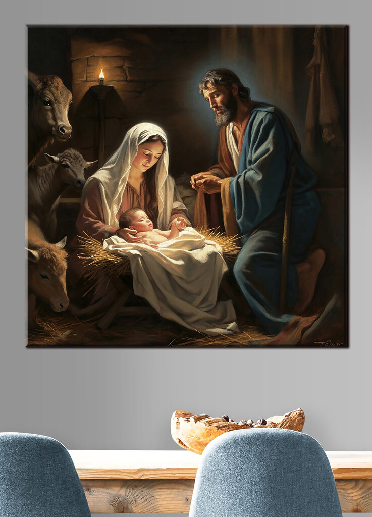 A painting of a man and woman in a manger with animals around A painting of a man and woman in a manger with animals around