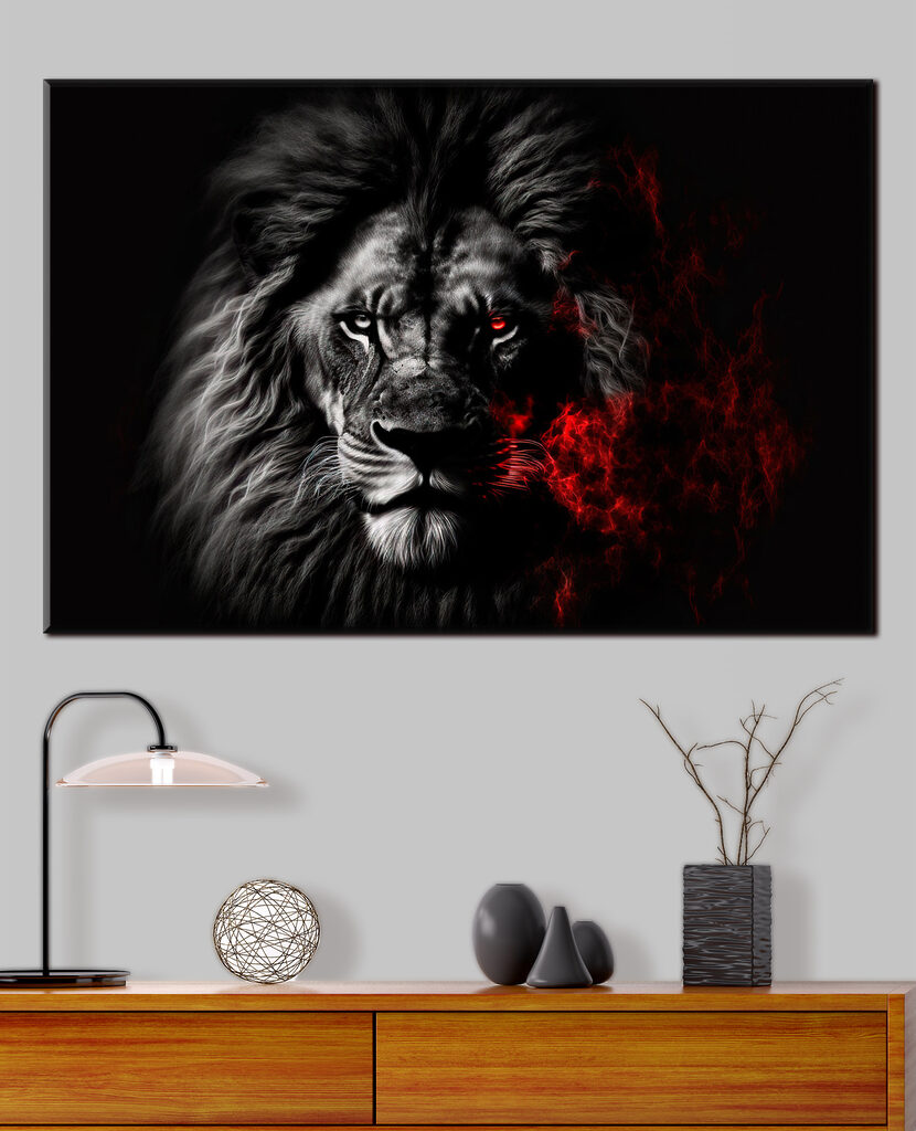 A black lion with red eyes