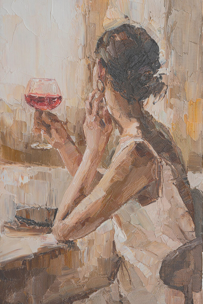 A painting of a woman holding a glass of wine A painting of a woman holding a glass of wine