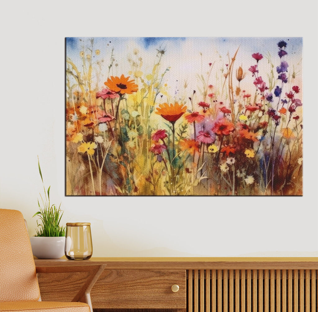 A painting of flowers in a field