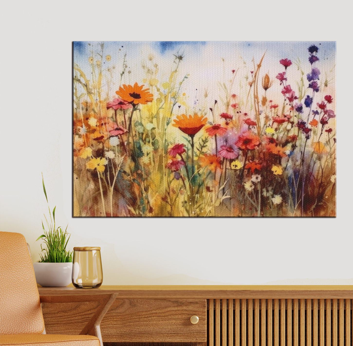 A painting of flowers in a field