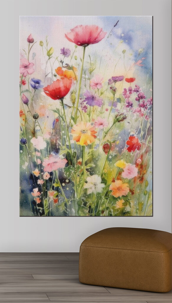 A painting of flowers in a field A painting of flowers in a field