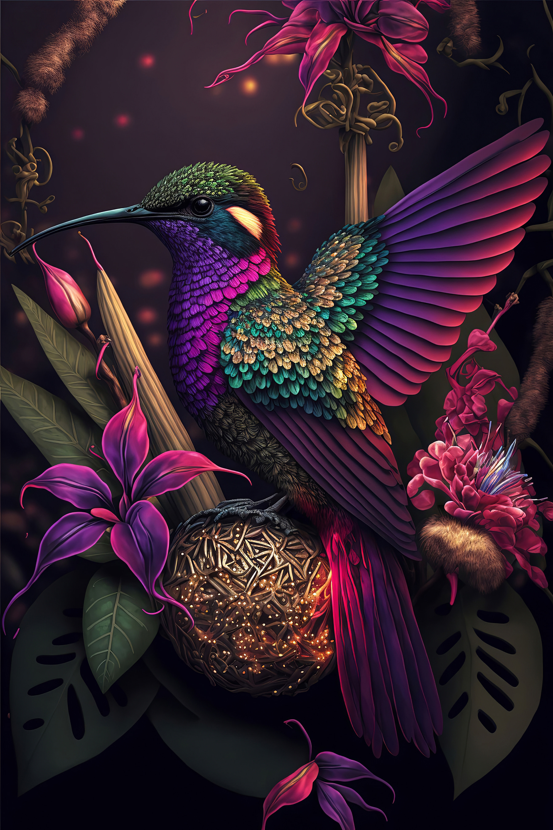 A colorful bird sitting on a ball of flowers
