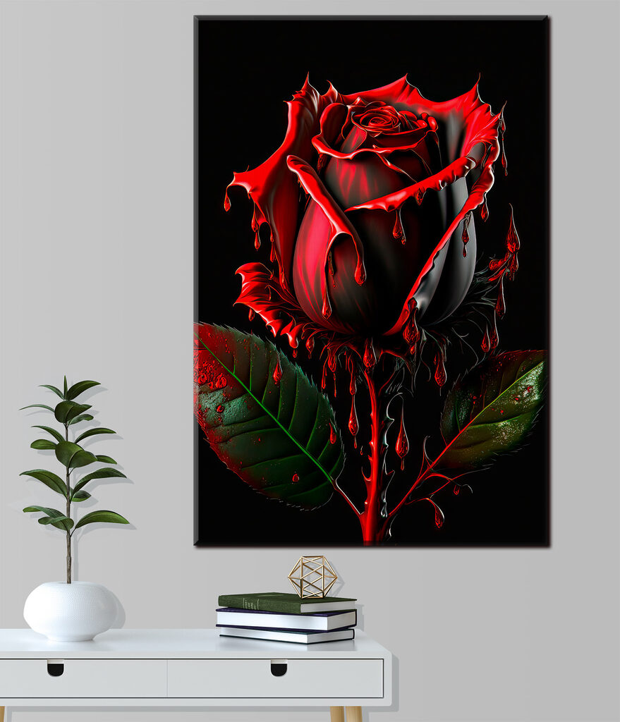 A red rose with green leaves and dripping red paint