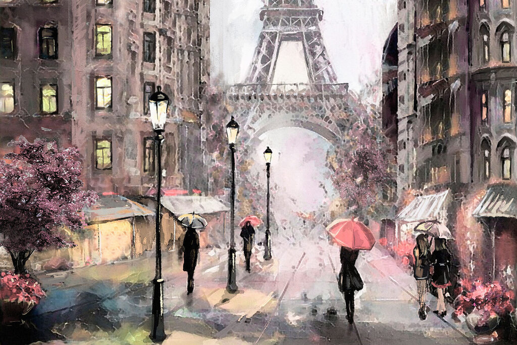 A painting of people walking with umbrellas in a city