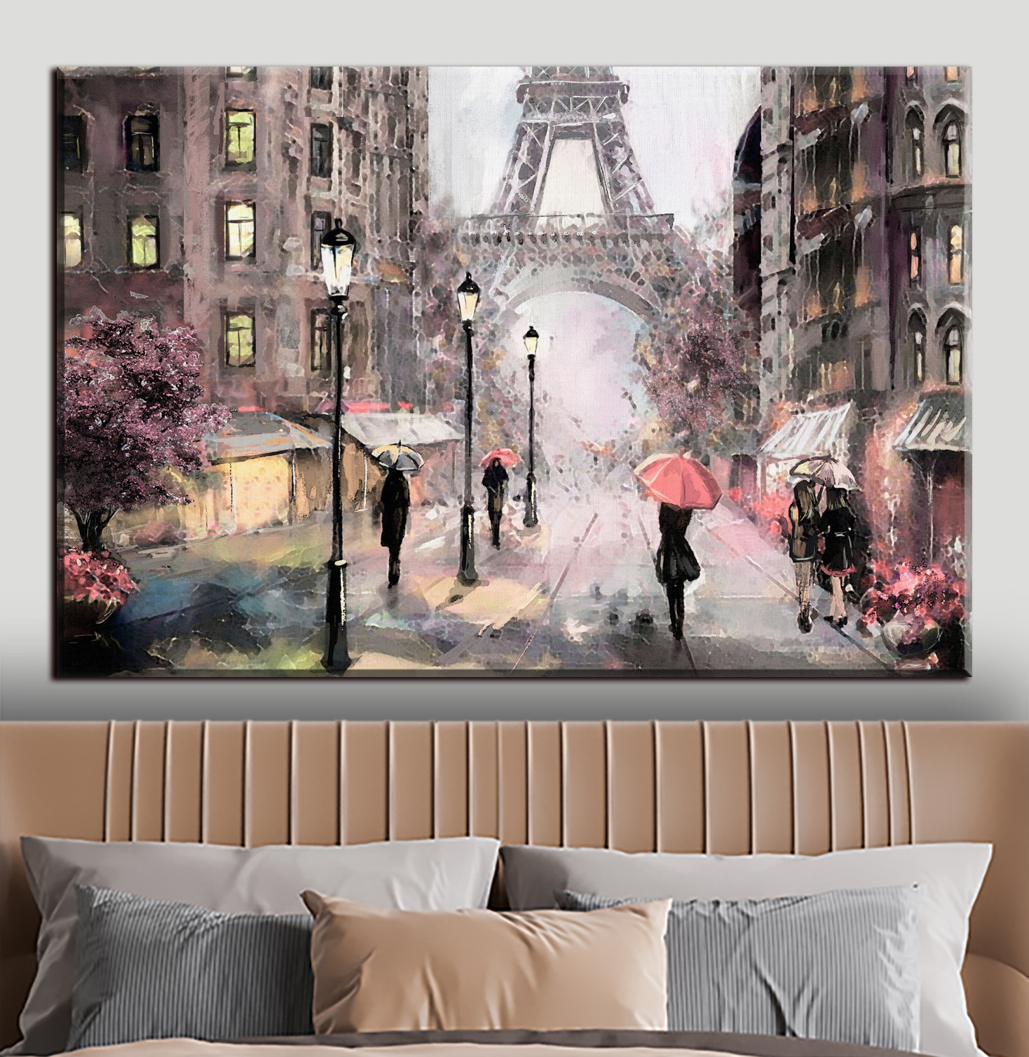 A painting of people walking with umbrellas in a city