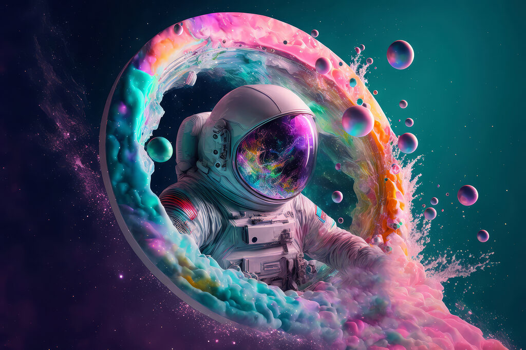An astronaut in a colorful circle