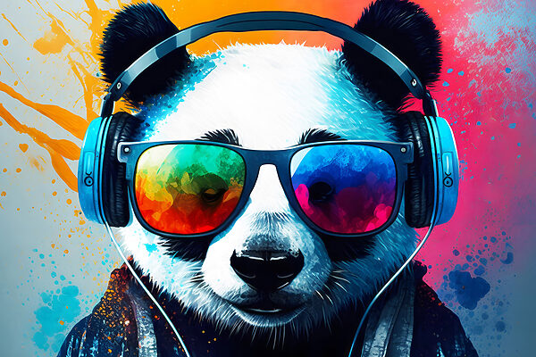 Panda se sluchátky na uších a slunečními brýlemi Panda se sluchátky na uších a slunečními brýlemi