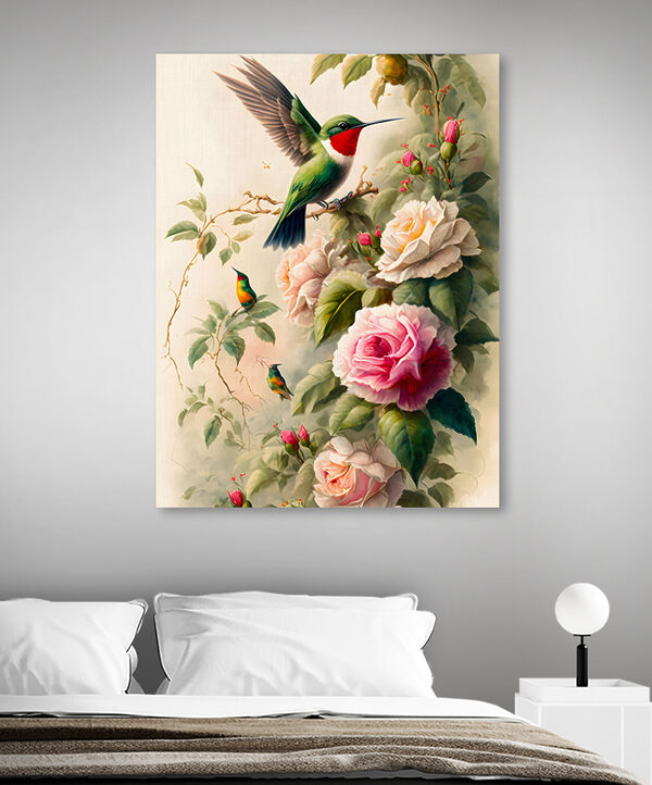 A painting of birds on a branch with flowers A painting of birds on a branch with flowers