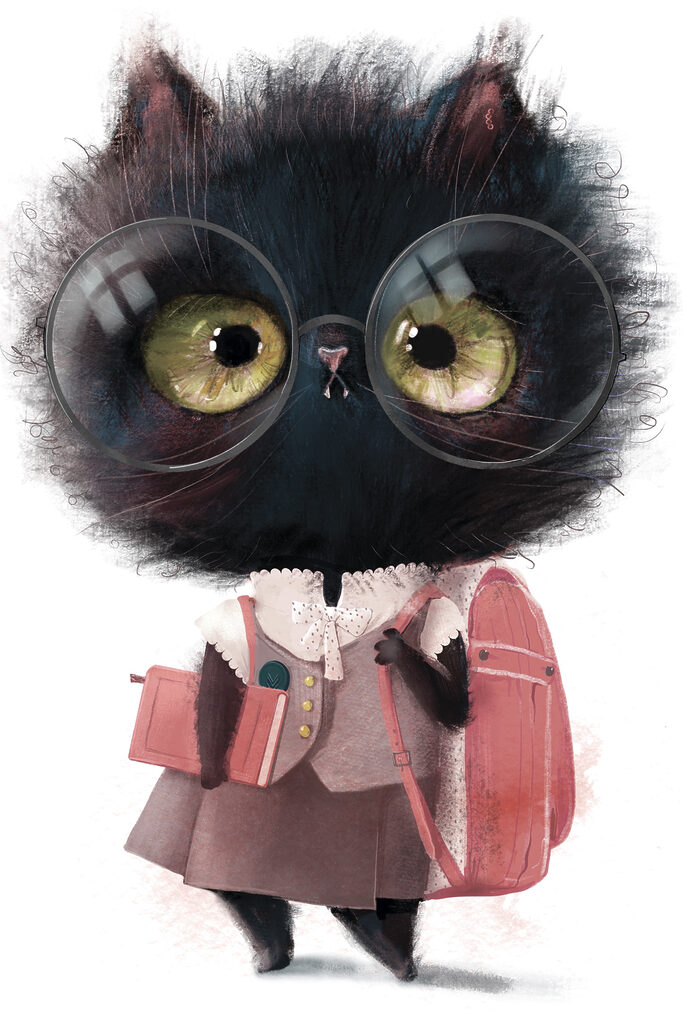 A cat wearing glasses and a school uniform