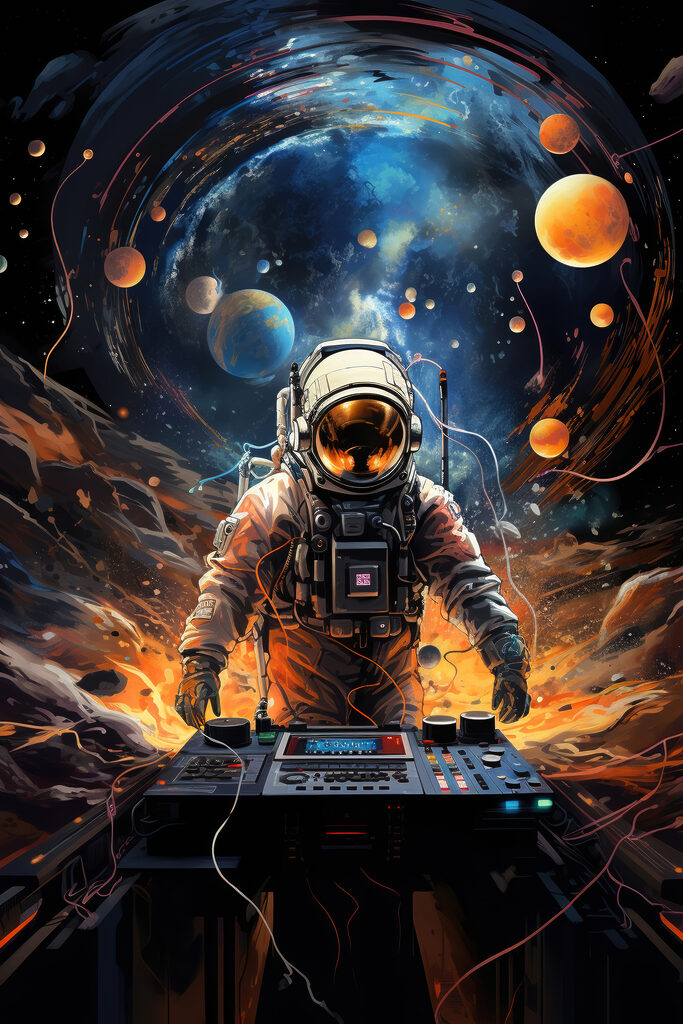 An astronaut in space with a machine